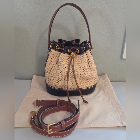 Tory Burch Cream and Brown Raffia Bucket Bag RARE - Picture 2 of 13